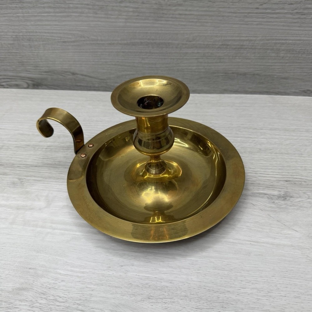 Large Vintage Solid Brass Chamberstick Candle Holder 8" Finger Loop Handle